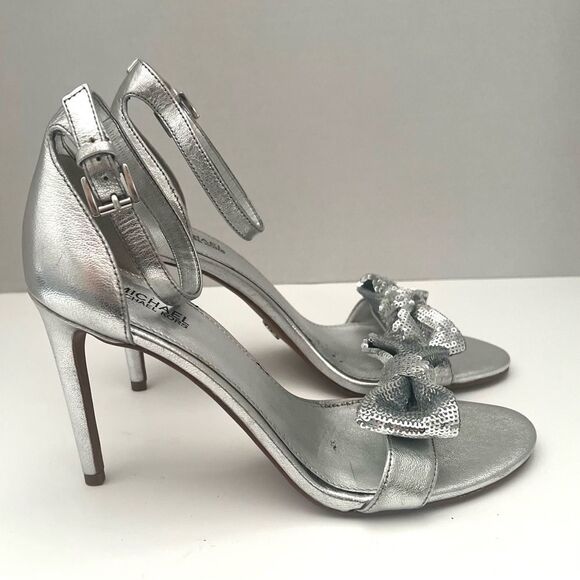 Michael Kors Paris Leather Stiletto Heels Womens 7‎ Silver Metallic Bow Designer - Picture 6 of 13